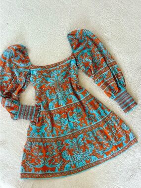 Alice + Olivia Turquoise and Orange Puff-Sleeve Mini Dress